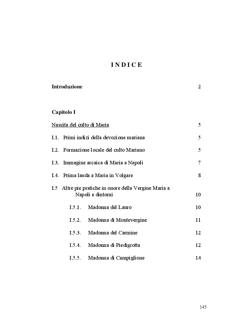 Indice della tesi: Poesie e Canzoncine Mariane in Napoletano prima e dopo Sant'Alfonso Maria de Liguori, Pagina 1