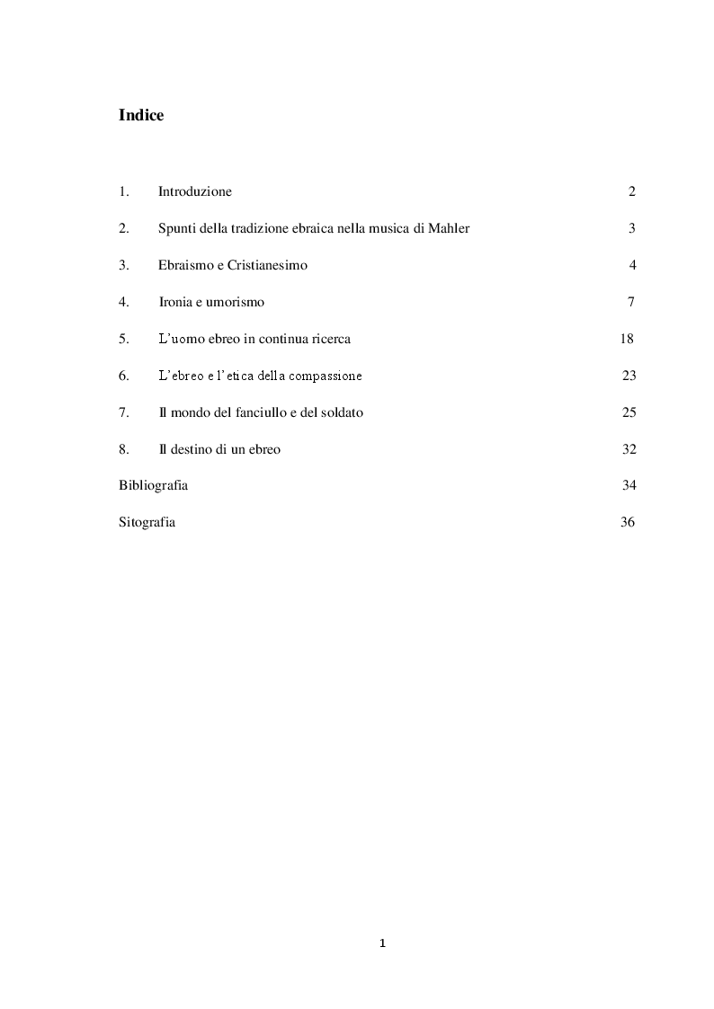 Indice della tesi: Elementi di Ebraismo nella poetica mahleriana, Pagina 1
