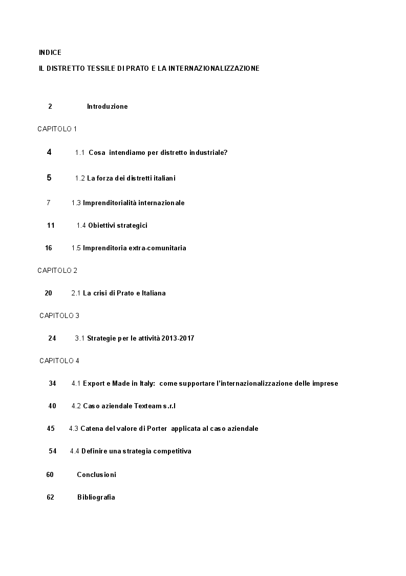 Indice della tesi: Il distretto di Prato e la sua Internazionalizzazione, Pagina 1