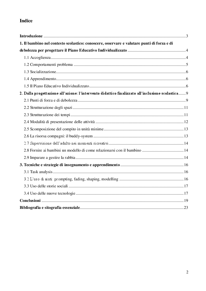 Indice della tesi: Strategie didattiche per un'inclusione di qualità: un'esperienza sul campo, Pagina 1