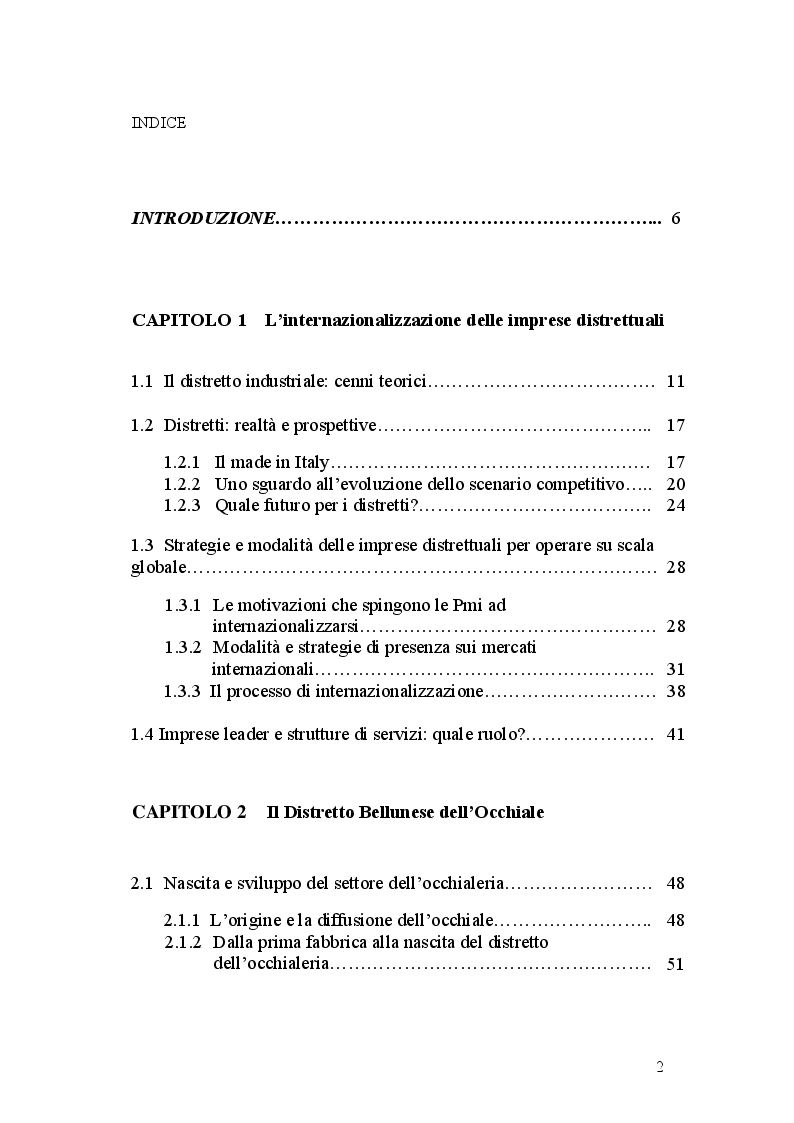 Indice della tesi: Opzioni strategiche per le piccole-medie imprese distrettuali di fronte alla globalizzazione: il caso dell'occhialeria bellunese, Pagina 1