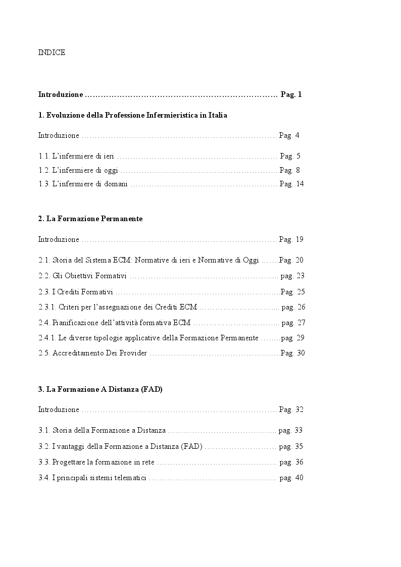Indice della tesi: L’opinione degli infermieri rispetto alla formazione permanente. Risultati di un’indagine, Pagina 1
