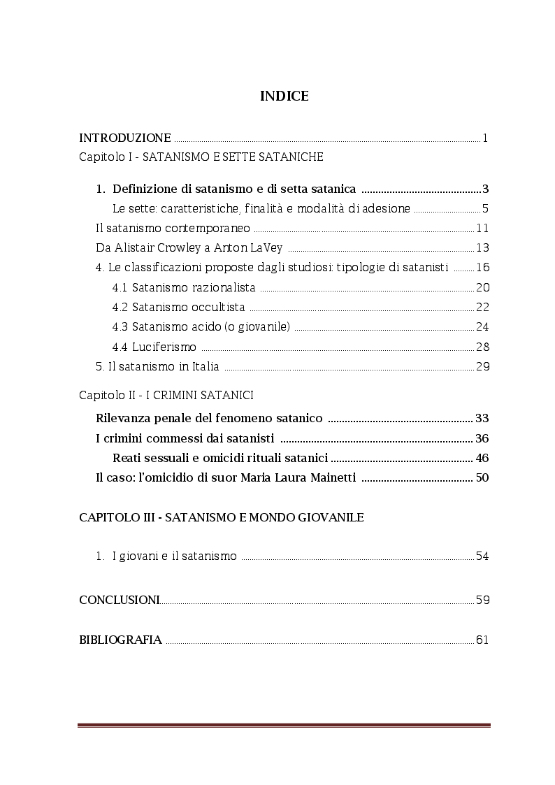Indice della tesi: ''Quel sottile filo rosso'' tra satanismo e criminalità, Pagina 1
