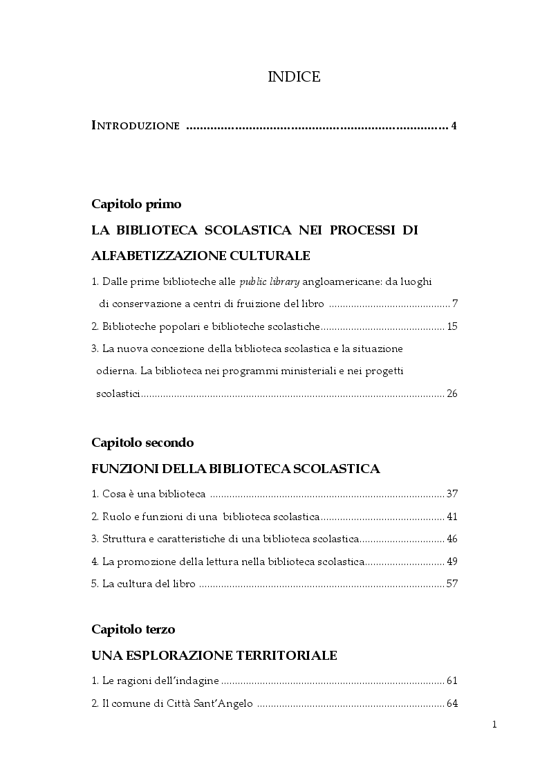 Indice della tesi: La biblioteca scolastica: promozione della lettura e cultura del libro, Pagina 1