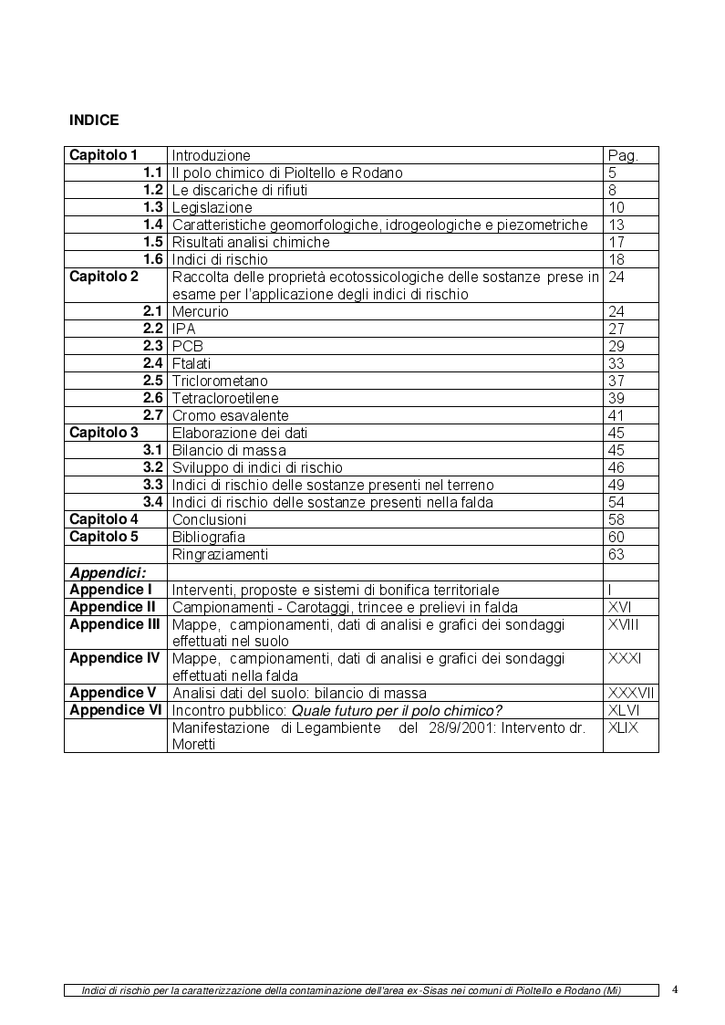 Indice della tesi: Indici di rischio per la caratterizzazione della contaminazione dell'area ex-SISAS nei comuni di Pioltello e Rodano (Mi), Pagina 1