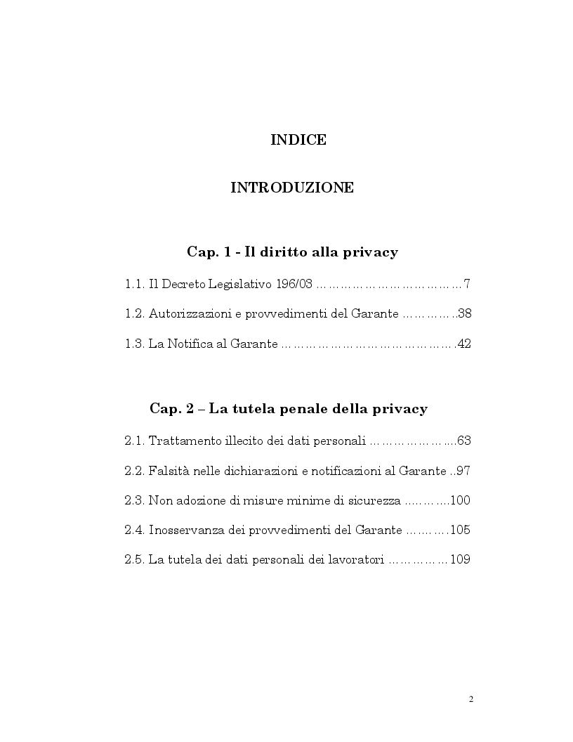 Indice della tesi: Banche dati e tutela della privacy, Pagina 1