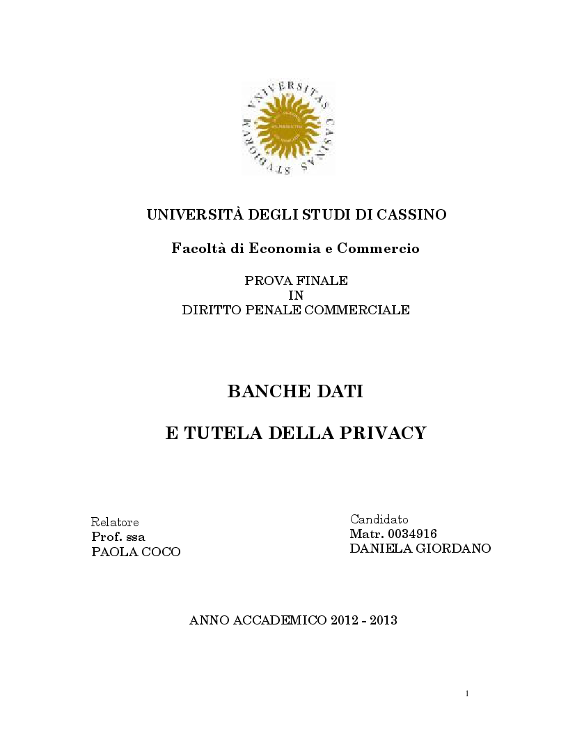 Anteprima della tesi: Banche dati e tutela della privacy, Pagina 1