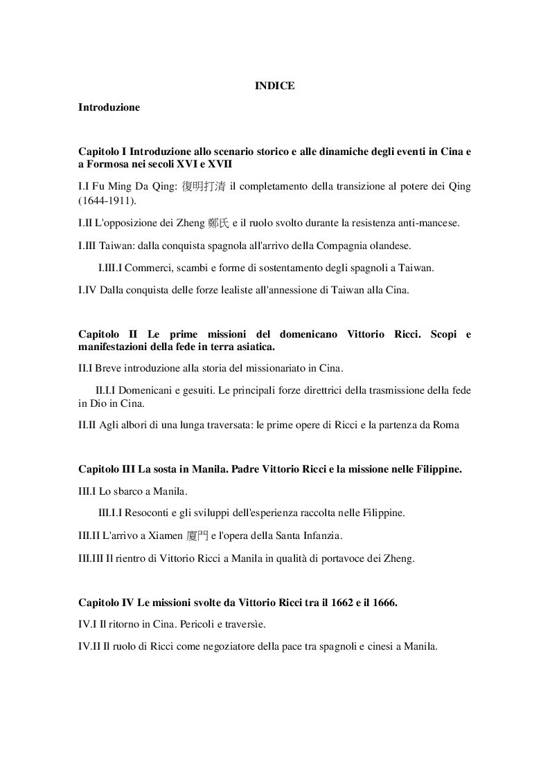 Indice della tesi: Il domenicano Vittorio Ricci tra Cina, Formosa e Filippine (secolo XVII), Pagina 1