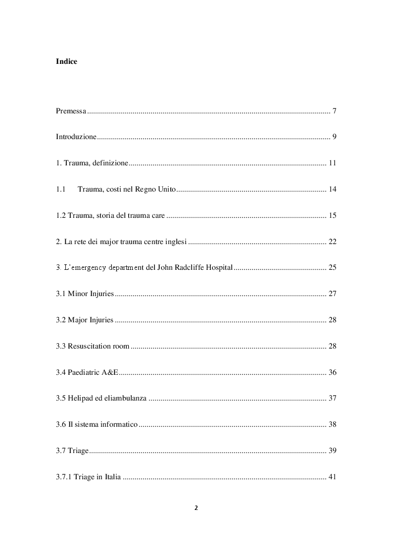 Indice della tesi: Gestione del paziente traumatizzato: esperienza presso il trauma centre del John Radcliffe Hospital, Pagina 1