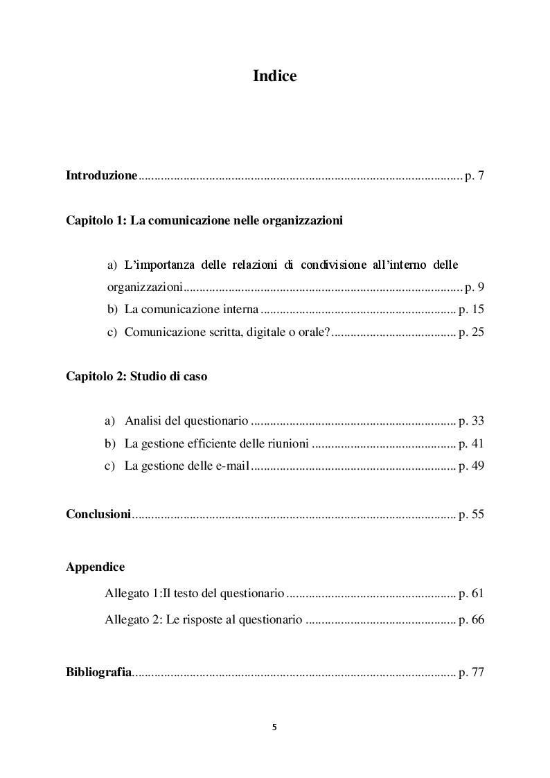 Indice della tesi: Analisi di alcuni aspetti relativi alla comunicazione interna: la gestione delle riunioni , Pagina 1