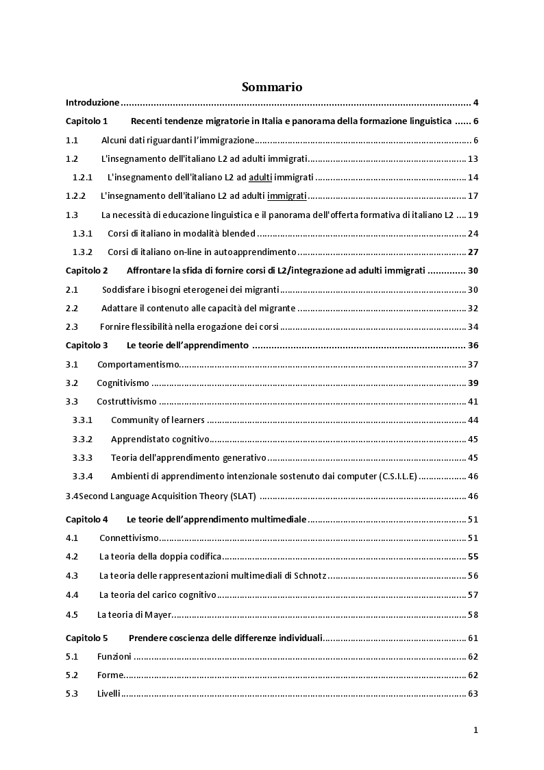 Indice della tesi: E-taliano: Nuovi scenari educativi per l'insegnamento dell'italiano L2 nell'Italia multietnica e digitale, Pagina 1