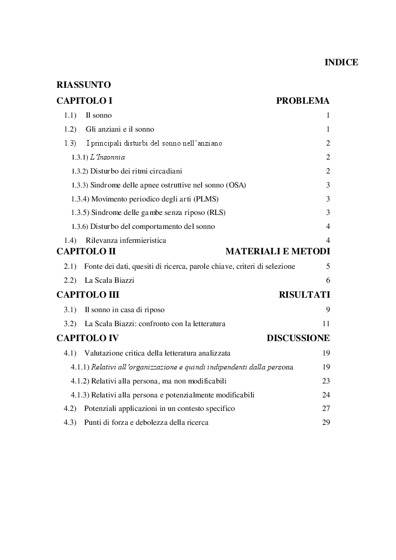 Indice della tesi: Revisione di uno strumento di valutazione del rischio di cattivo sonno dell'anziano: la scala Biazzi, Pagina 1