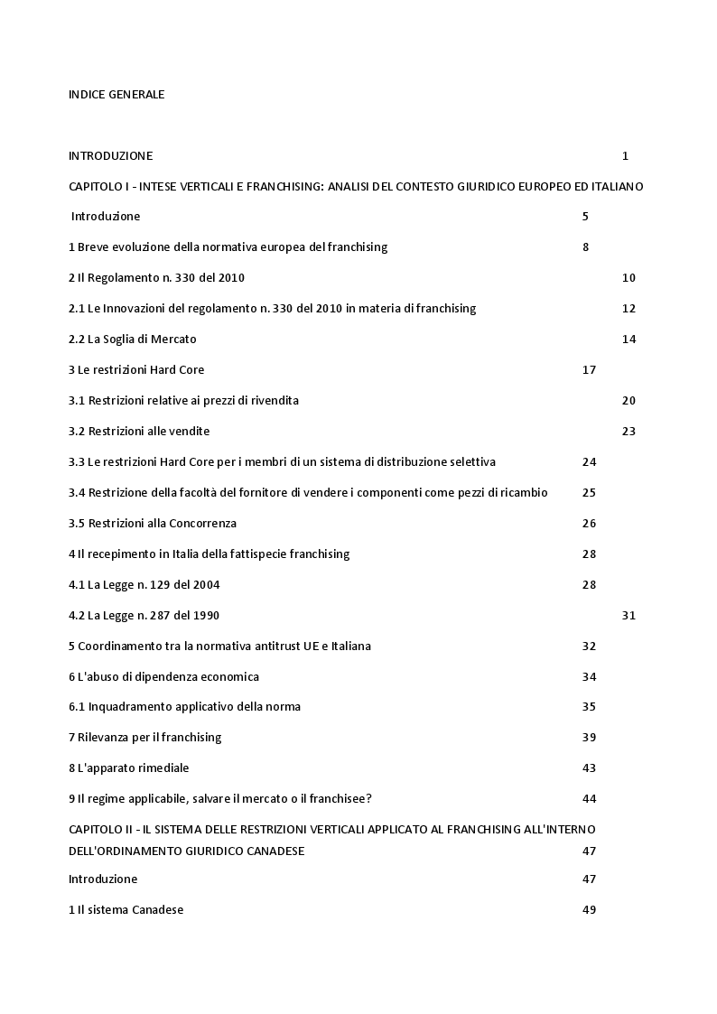 Indice della tesi: Intese verticali e Franchising una comparazione degli ordinamenti italiano e canadese, Pagina 1