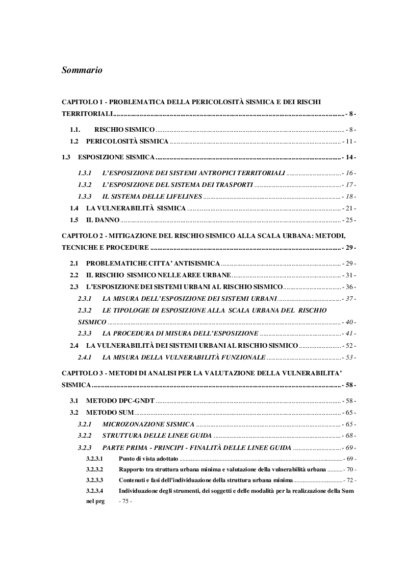 Indice della tesi: Stima della vulnerabilità sismica con metodo edilizio e urbanistico: Conza della Campania (AV), Pagina 1