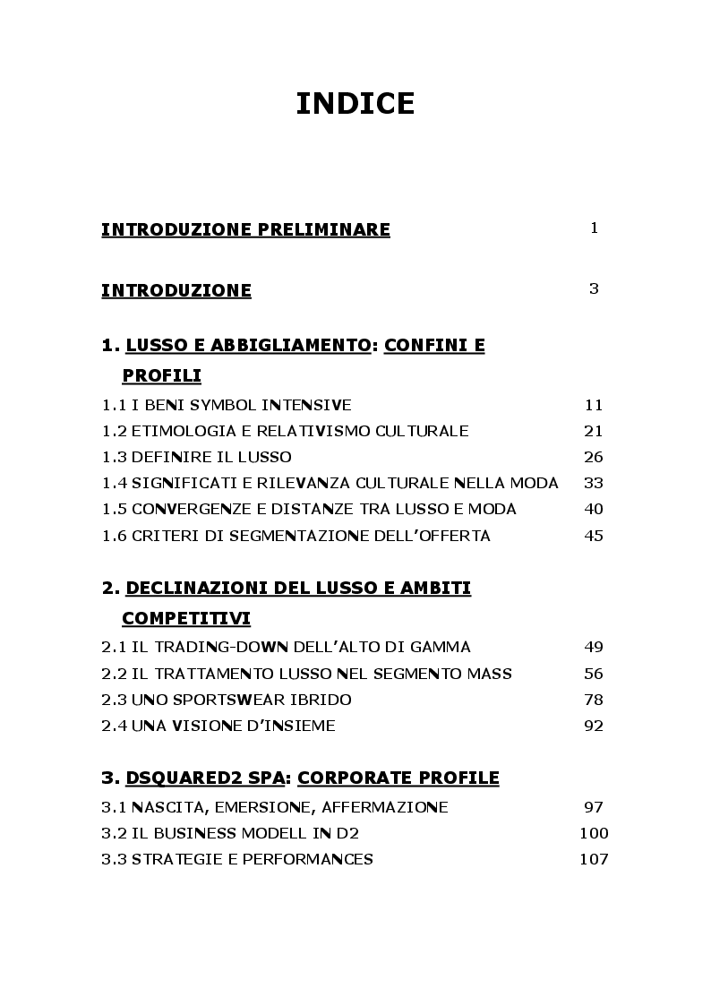 Indice della tesi: Tra easy-luxury e sportswear: il caso Dsquared2, Pagina 1