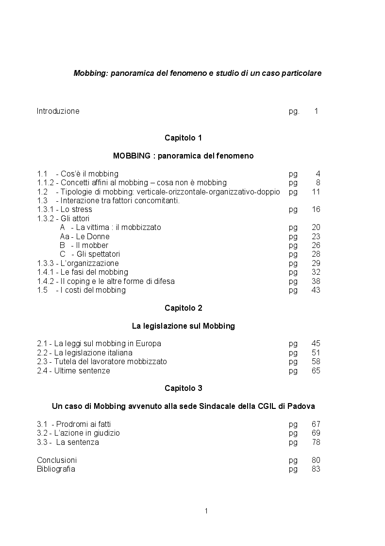 Indice della tesi: Mobbing: panoramica del fenomeno e studio di un caso particolare, Pagina 1
