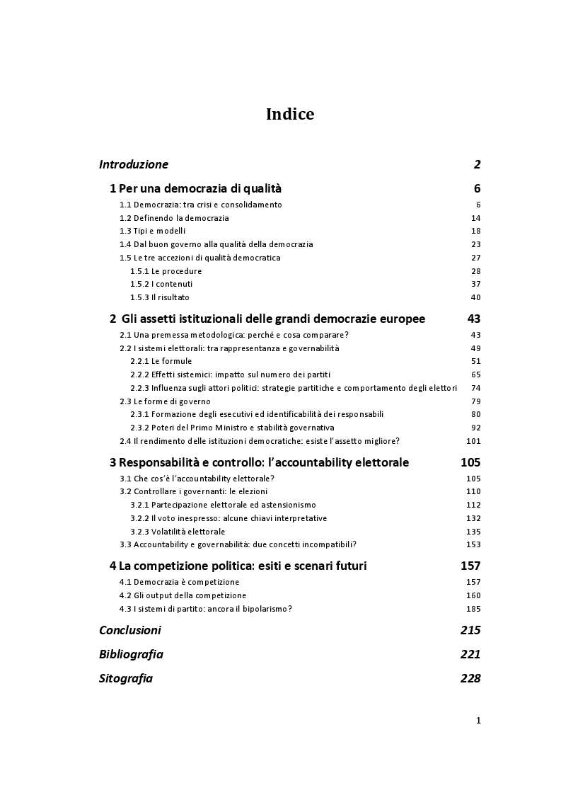 Indice della tesi: Competere e controllare nelle grandi democrazie europee. Analisi comparata sulla qualità della democrazia in Gran Bretagna, Francia, Spagna, Germania ed Italia., Pagina 1
