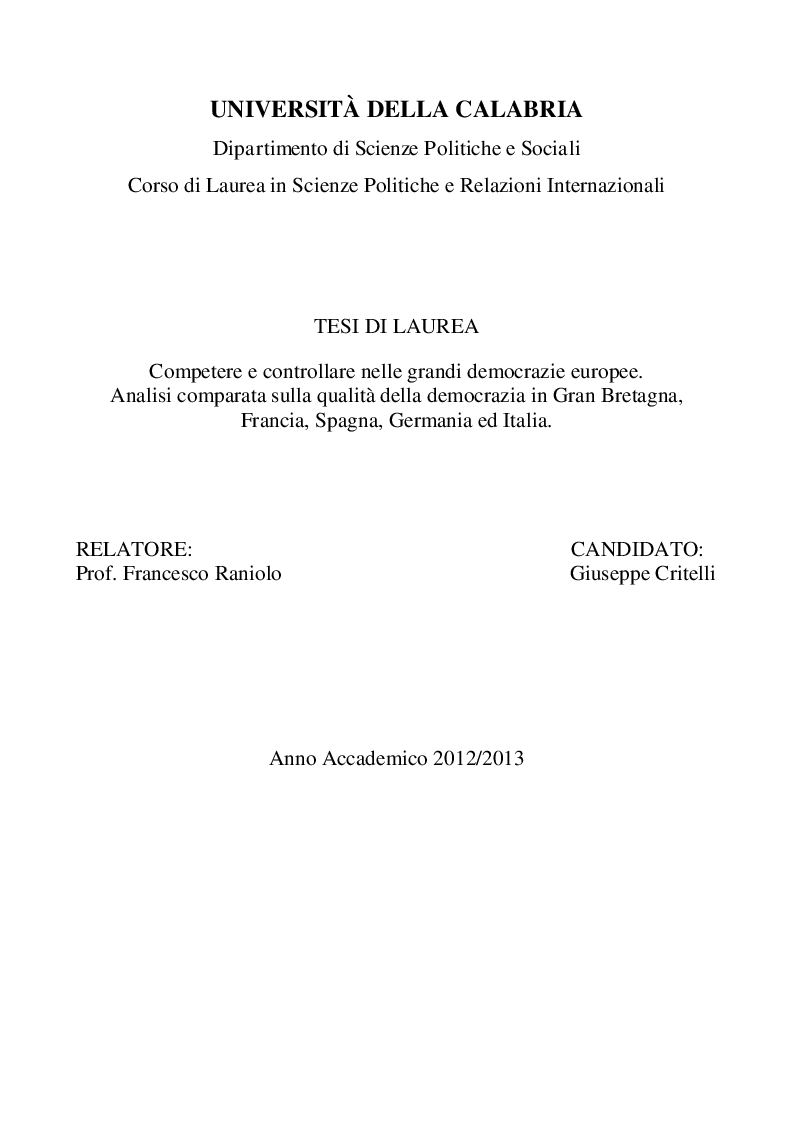 Anteprima della tesi: Competere e controllare nelle grandi democrazie europee. Analisi comparata sulla qualità della democrazia in Gran Bretagna, Francia, Spagna, Germania ed Italia., Pagina 1