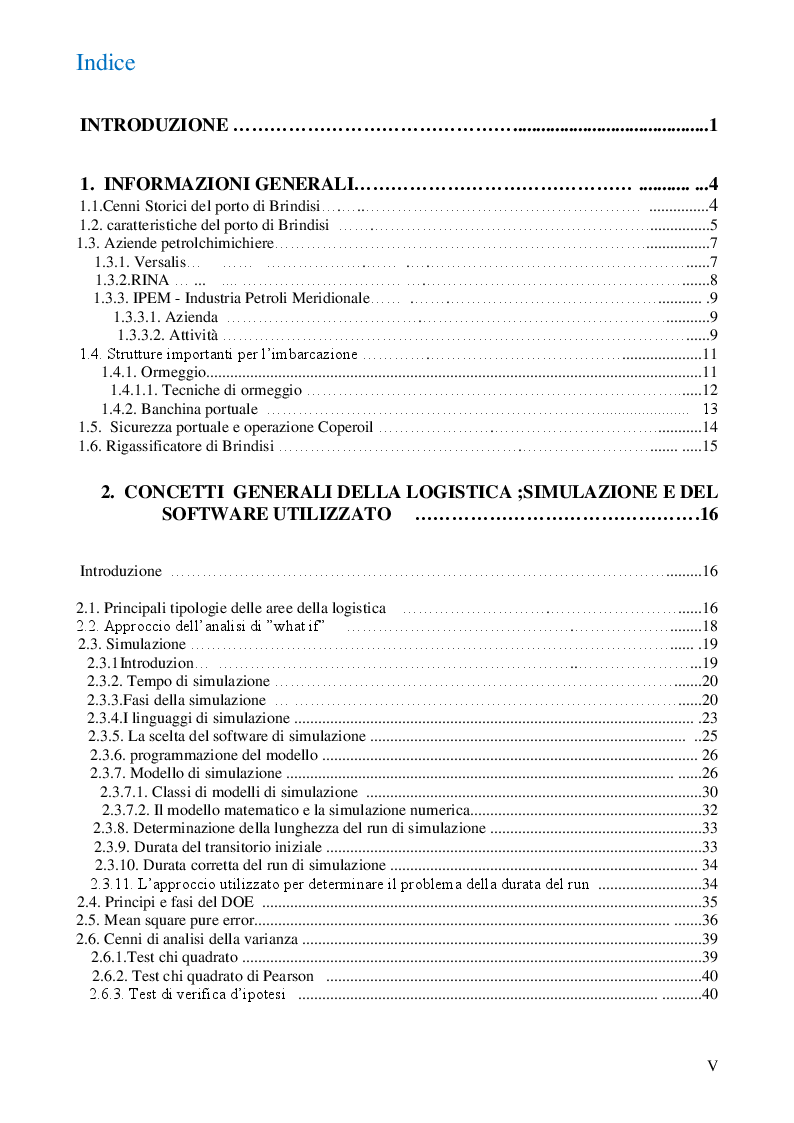 Indice della tesi: Analisi mediante simulatore della logistica di approvvigionamento materiale del sito produttivo di versalis (Brindisi), Pagina 1