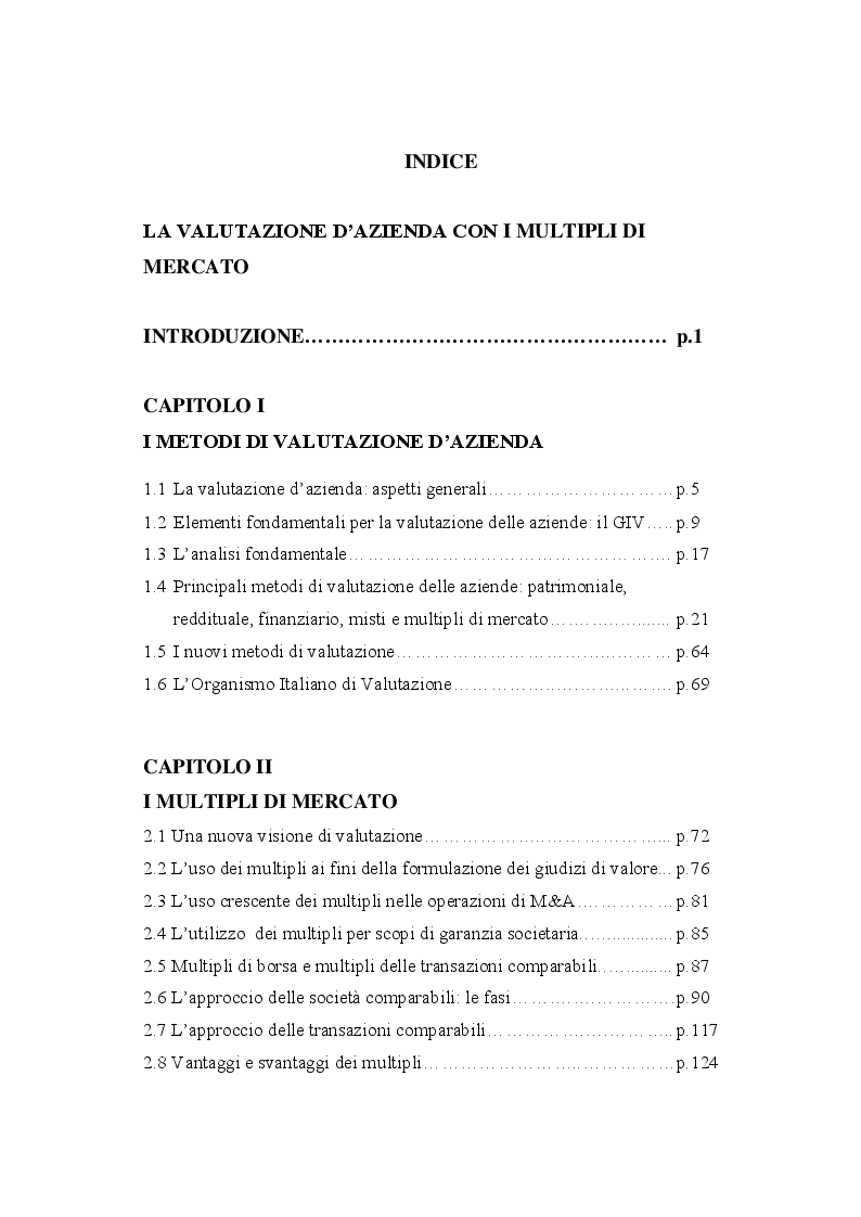 Indice della tesi: La valutazione d'azienda con i multipli di mercato, Pagina 1