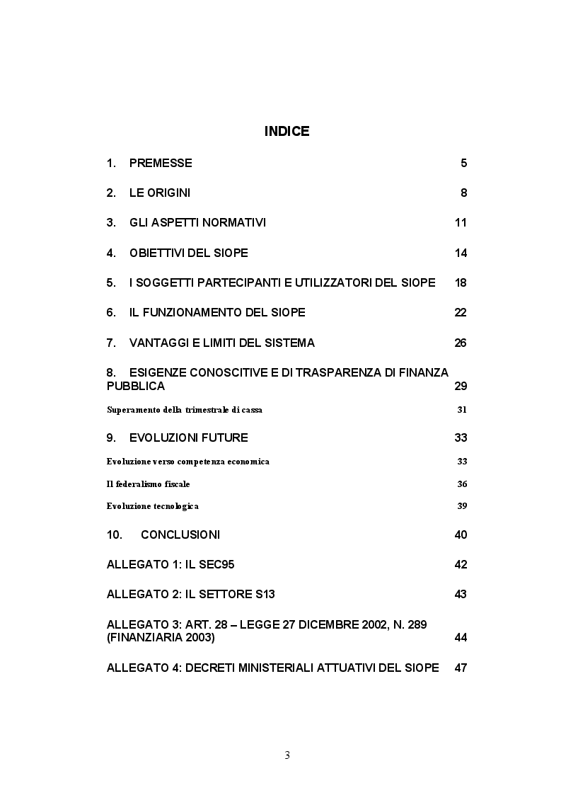 Indice della tesi: Il SIOPE: strumento conoscitivo ed operativo della finanza pubblica, Pagina 1