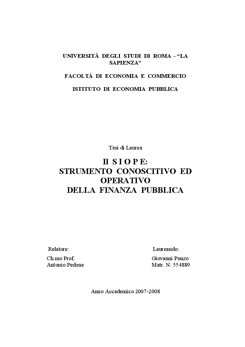 Anteprima della tesi: Il SIOPE: strumento conoscitivo ed operativo della finanza pubblica, Pagina 1