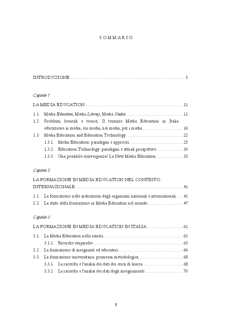 Indice della tesi: La formazione in Media Education: analisi dell'offerta formativa degli atenei italiani, Pagina 1