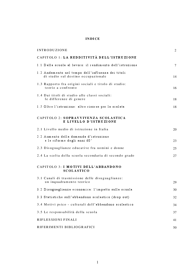 Indice della tesi: Mobilità sociale, disuguaglianze e scuola, Pagina 1
