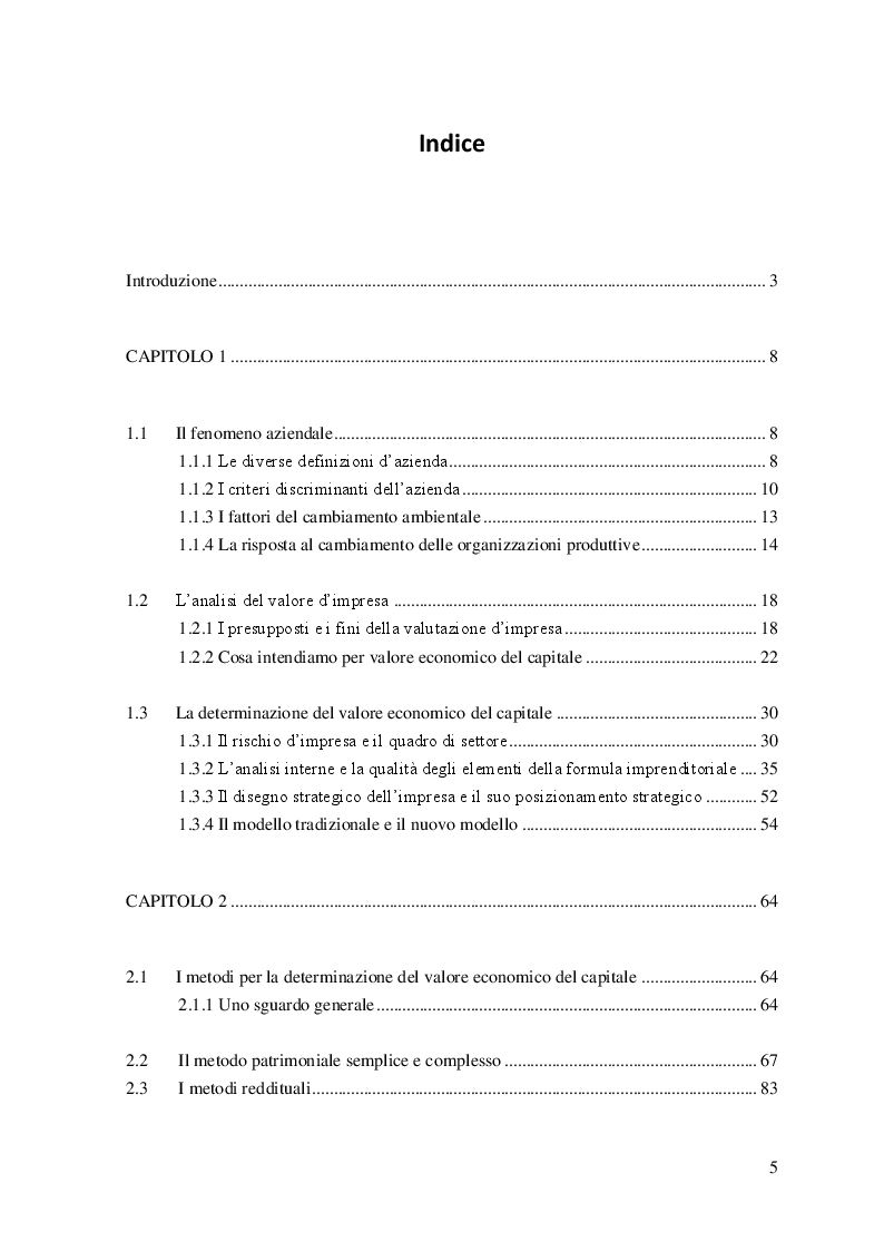 Indice della tesi: La stima del capitale economico. Applicazione della nuova logica valutativa, Pagina 1
