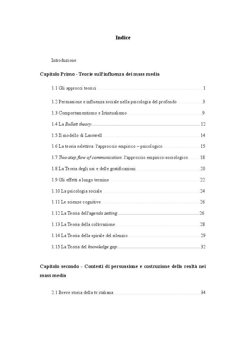 Indice della tesi: ''L'ha detto la tv'' Tecniche e modelli di persuasione mediatica, Pagina 1