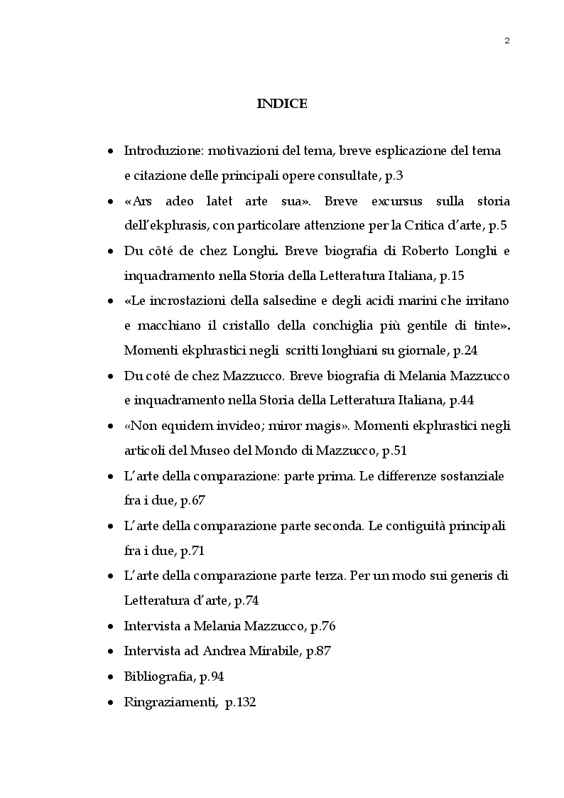 Indice della tesi: Momenti di ekphrasis nella critica giornalistica delle arti in Melania Mazzucco e Roberto Longhi, Pagina 1