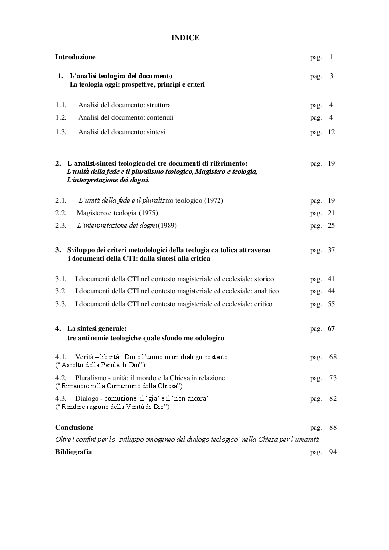 Indice della tesi: Lo sviluppo dei criteri metodologici della teologia nella Chiesa cattolica indicati dai documenti della Commissione Teologica Internazionale, Pagina 1