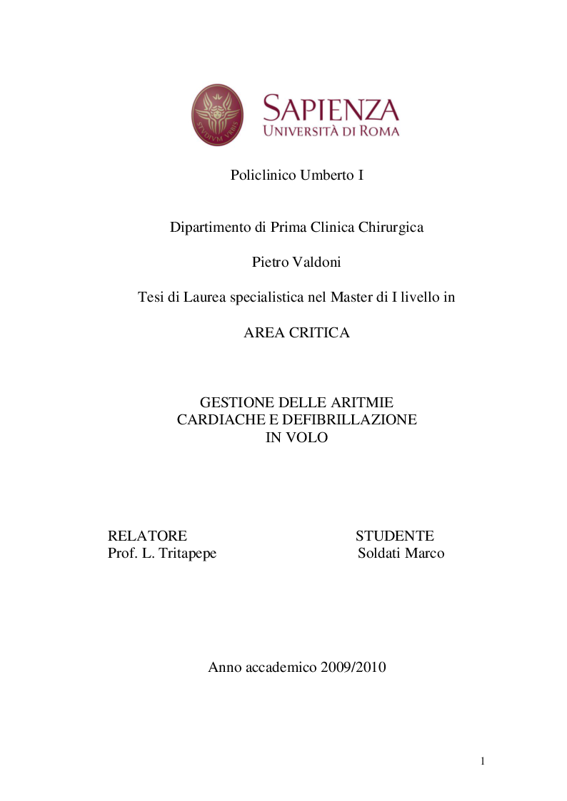 Anteprima della tesi: Gestione delle aritmie cardiache e defibrillazione in volo, Pagina 1