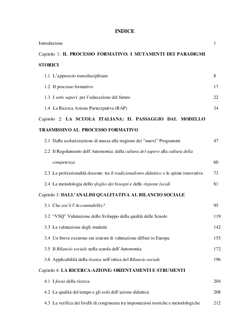 Indice della tesi: Il processo formativo e il bilancio sociale. Dalle conoscenze alle competenze. Dal monitoraggio al bilancio sociale, Pagina 1