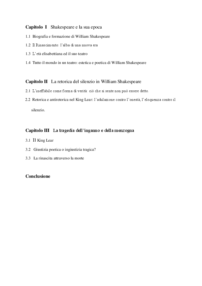 Indice della tesi: Love and Be Silent. La retorica del silenzio in Shakespeare e nel King Lear, Pagina 1