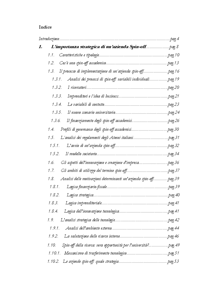 Indice della tesi: Il ruolo strategico del Project Management negli spin-off universitari e accademici, Pagina 1
