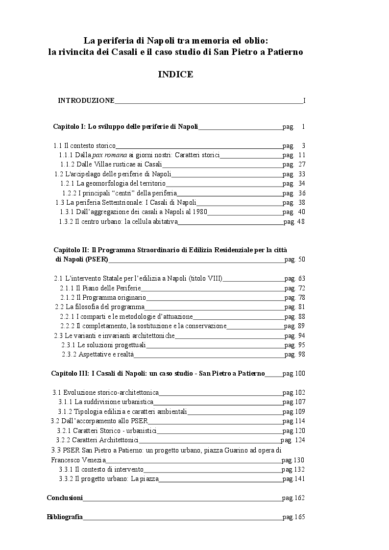 Indice della tesi: Le periferie di Napoli tra memoria ed oblio. La rivincita dei Casali e il caso studio di San Pietro a Patierno, Pagina 1