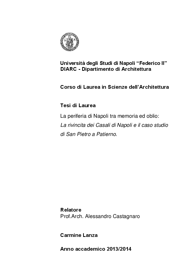 Anteprima della tesi: Le periferie di Napoli tra memoria ed oblio. La rivincita dei Casali e il caso studio di San Pietro a Patierno, Pagina 1