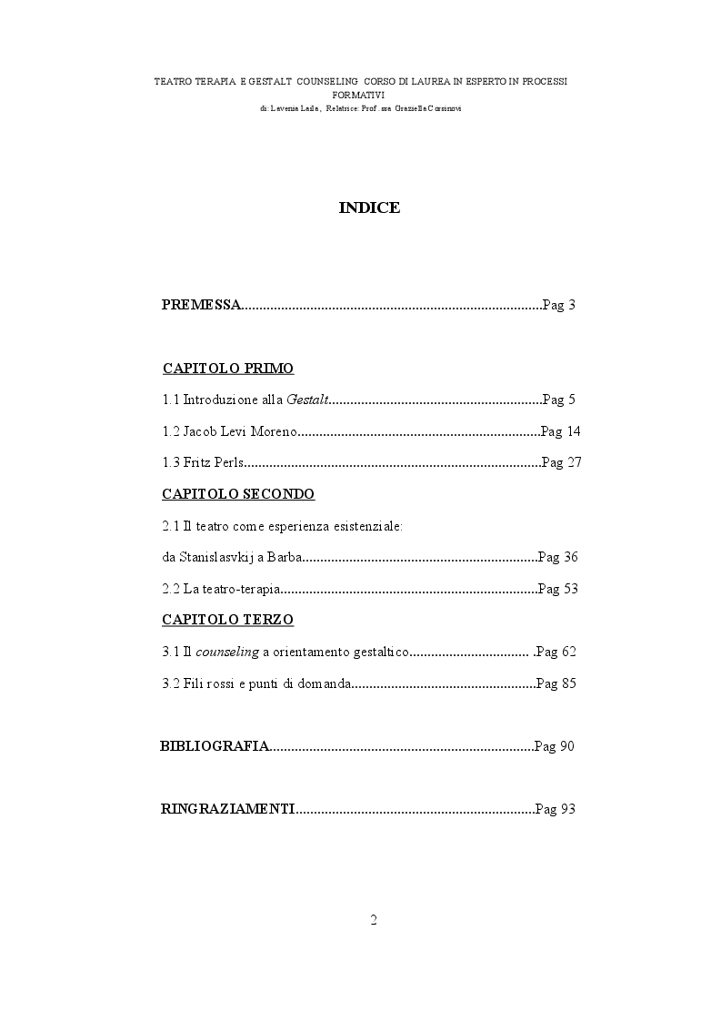 Indice della tesi: Teatro terapia e Gestalt counseling, Pagina 1