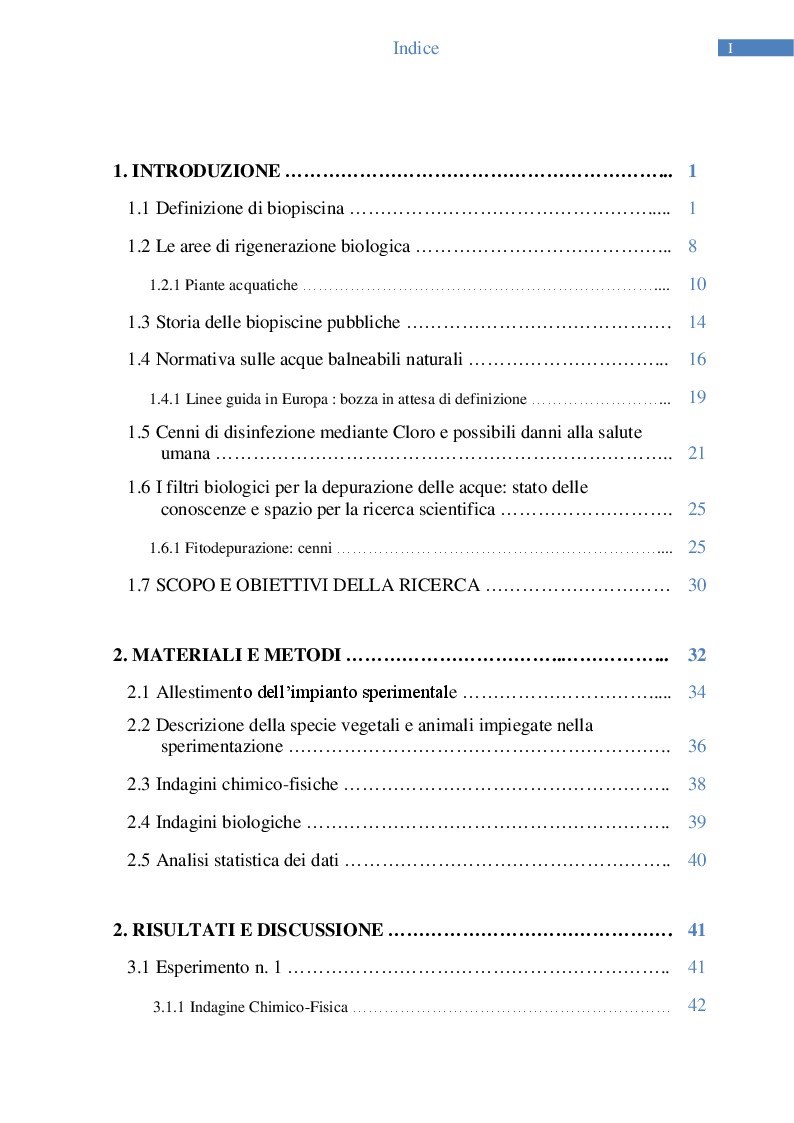 Indice della tesi: Test sperimentale per l'allestimento di aree di rigenerazione complesse in piscine biologiche, Pagina 1