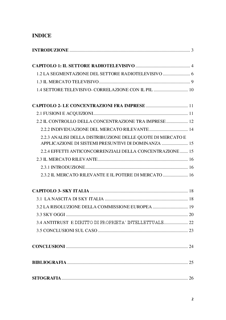 Indice della tesi: Il settore radiotelevisivo e la nascita di Sky Italia, Pagina 1