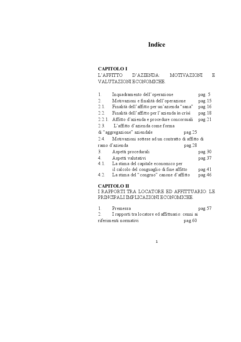 Indice della tesi: Profili contabili e valutativi dell'operazione di affitto d'azienda, Pagina 1