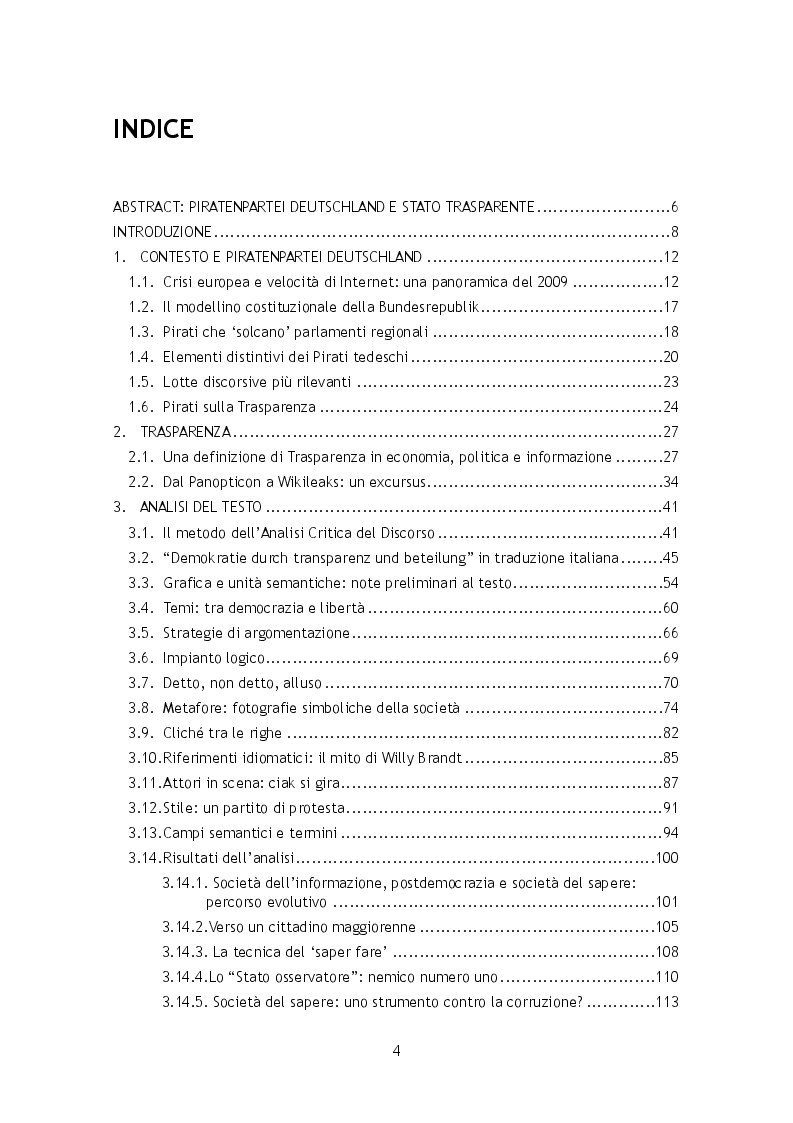Indice della tesi: La Trasparenza come programma politico della Piratenpartei tedesca , Pagina 1