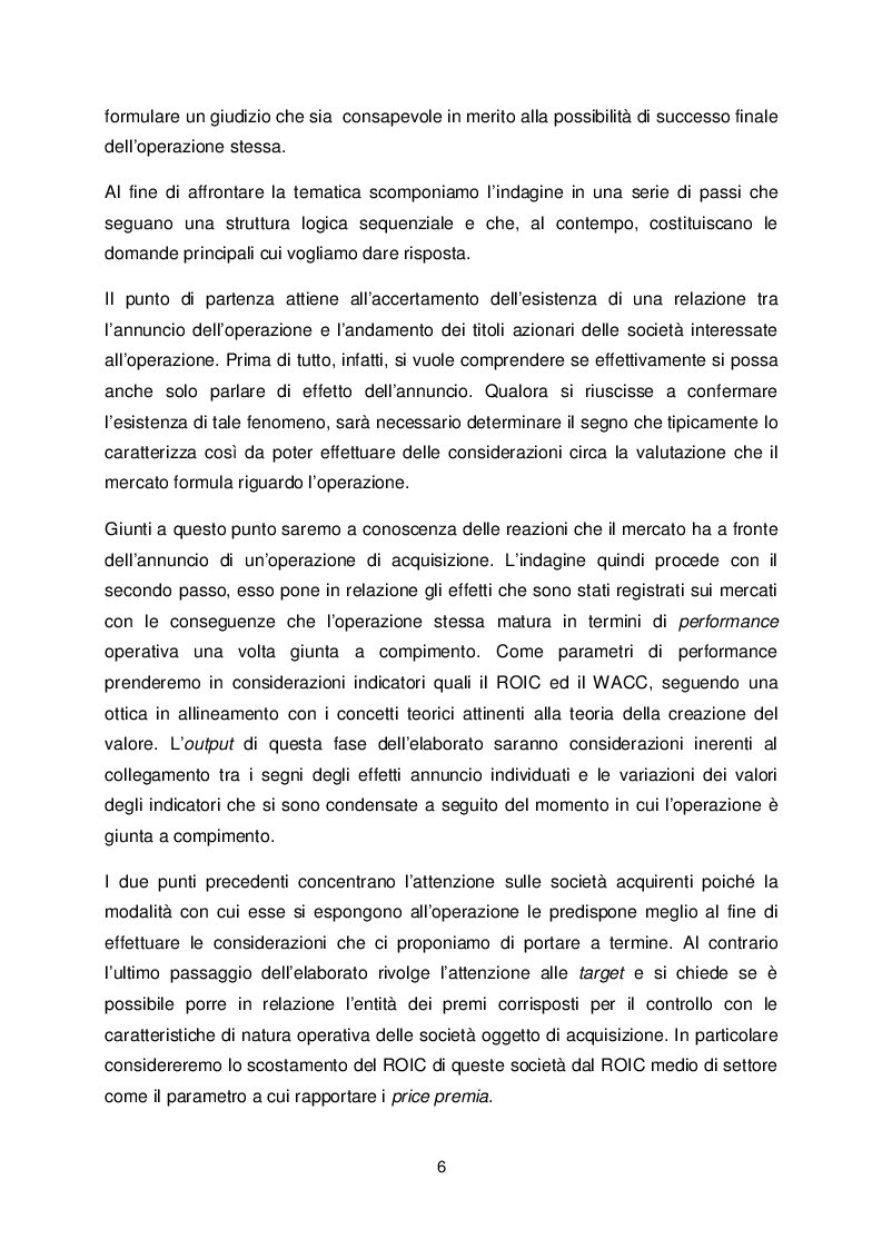 Anteprima della tesi: Indagine empirica in ambito di acquisizioni: ricerca sulla relazione tra gli effetti annuncio e le variazioni di performance successive al completamento, assieme a considerazioni riguardanti la determinazione dei price premia corrisposti agli azionisti delle target, Pagina 3