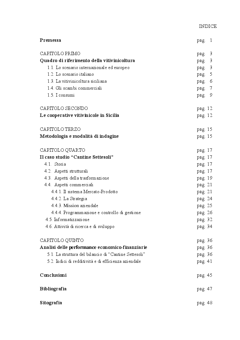 Indice della tesi: La cooperazione vitivinicola in Sicilia: il caso studio "Cantine Settesoli", Pagina 1