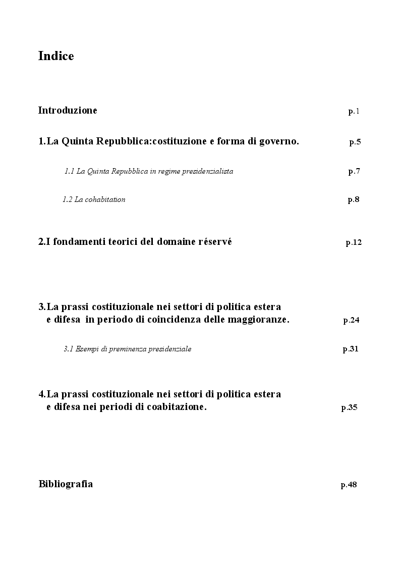 Indice della tesi: Il Domaine Resérvé del capo dello stato nella quinta repubblica francese, Pagina 1