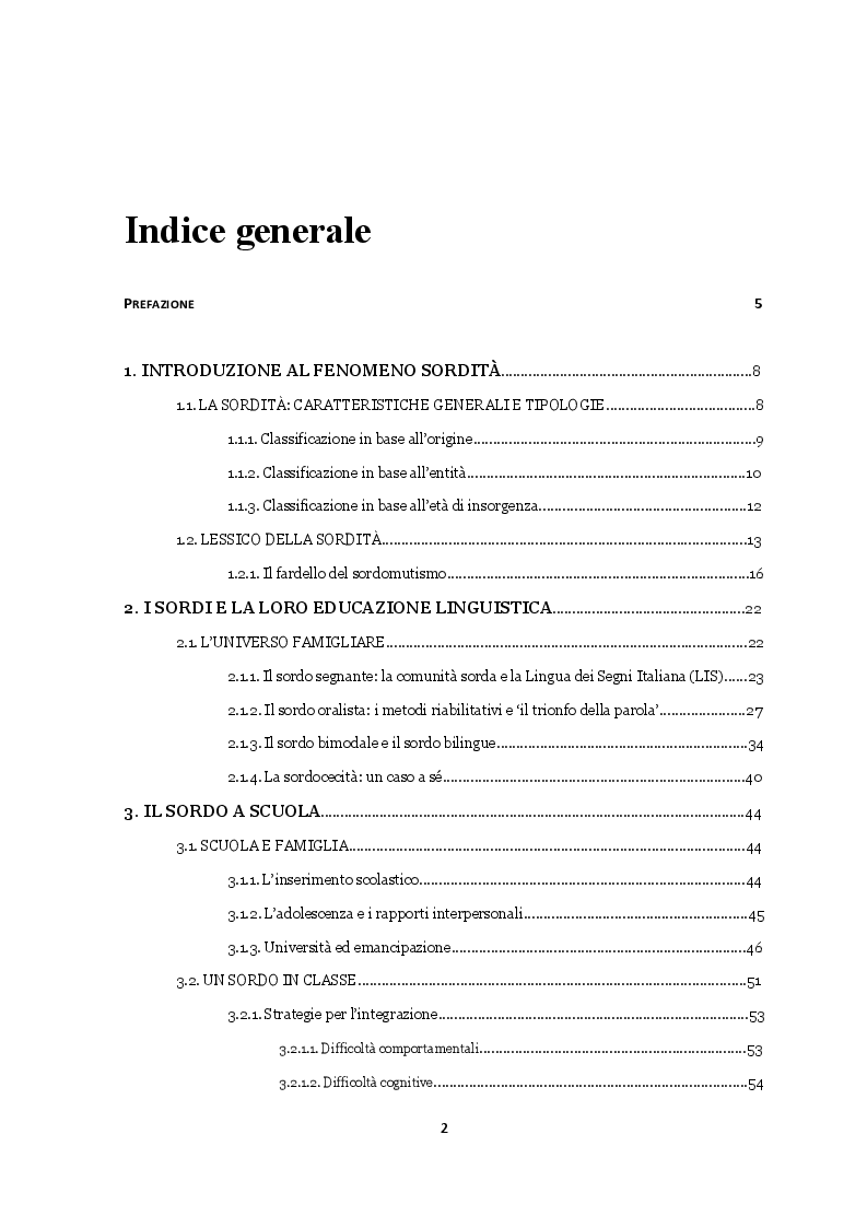 Indice della tesi: Sordità e istruzione: nuove sfide nell'insegnamento delle lingue straniere, Pagina 1