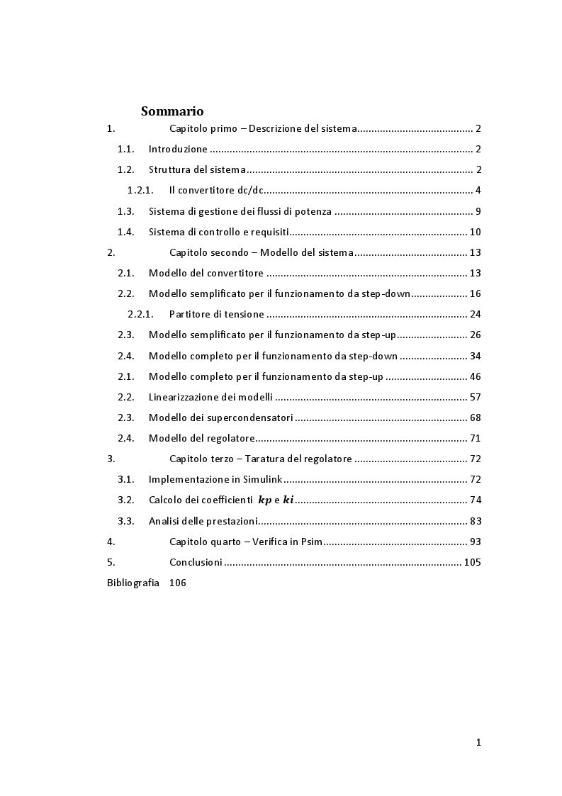 Indice della tesi: Sviluppo del sistema di controllo per l'accumulo tramite supercondensatori, Pagina 1