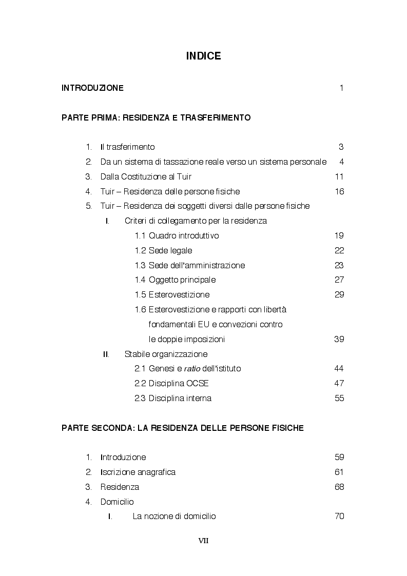 Indice della tesi: Il trasferimento di residenza fiscale all'estero, Pagina 1