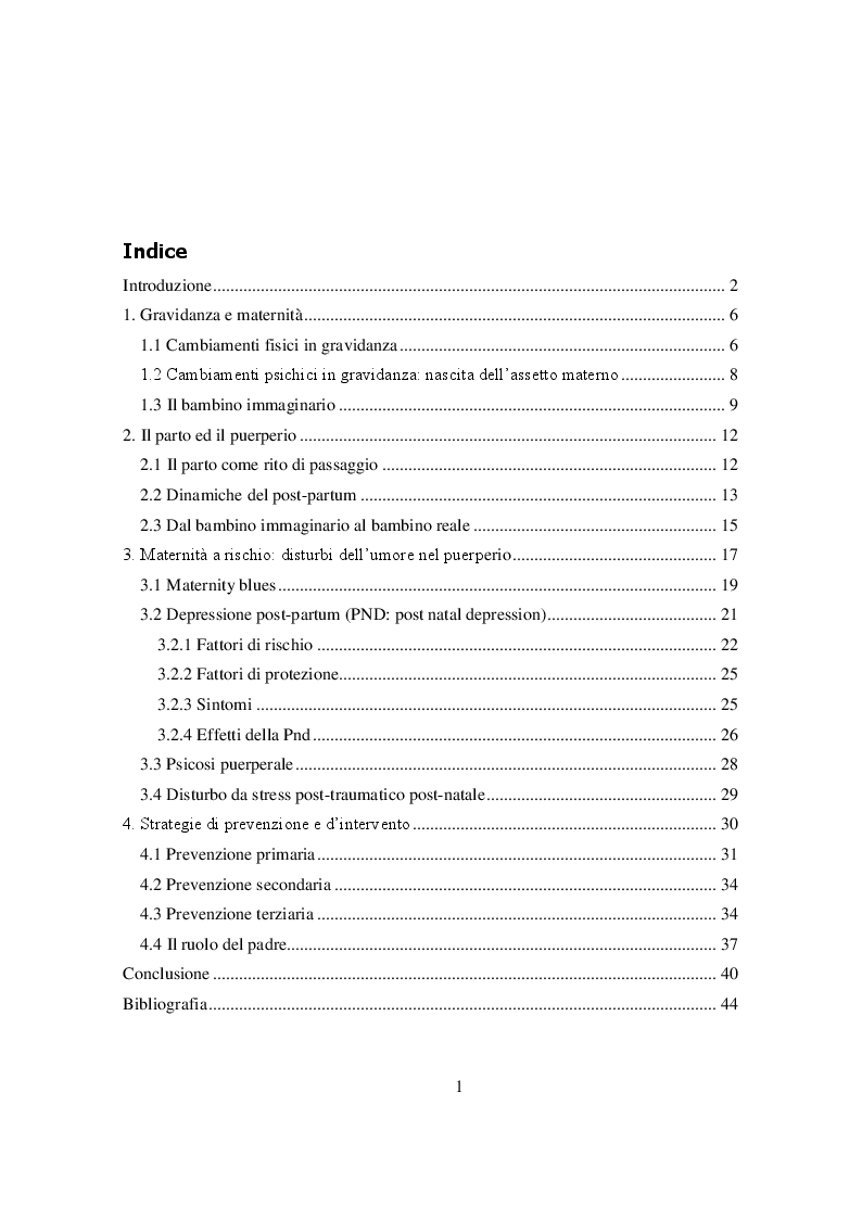 Indice della tesi: Diventare madre. Disturbi dell'umore nel post partum e strategie d'intervento, Pagina 1